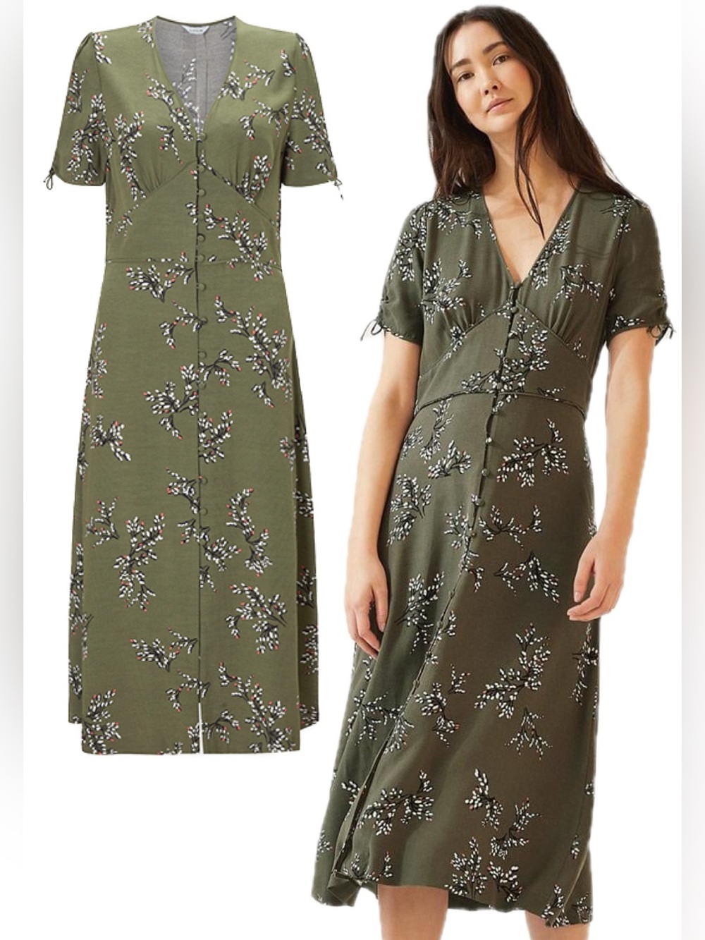Jigsaw Olive Green Floral Print Button Down Short Sleeve Midi Maxi Tea Dress